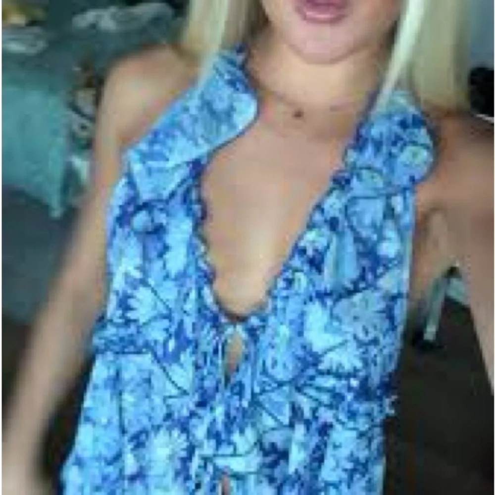 Free people Fearless Knit Tank Blue Floral Ruffle Halter Tank Top - Picture 7 of 7